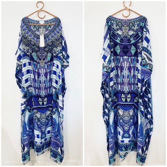 CAMILLA crystal embellished printed 100% silk crepe kaftan ONESIZE - Picture 2 of 6